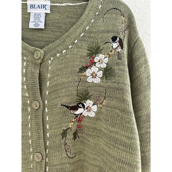 Vtg Blair Knit Cardigan Sweater XL Embroidery Birds Flowers 80s Easter Granny - Picture 2 of 13